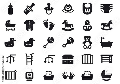 A comprehensive set of baby care and newborn essentials glyph icons. Vector collection of simple childcare and parenting symbols for infancy