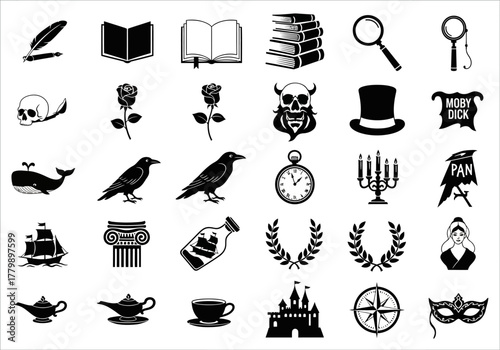 Collection of vintage vector glyphs for storytelling and literature. Includes symbols of fantasy, gothic horror, poetry, and nautical adventure
