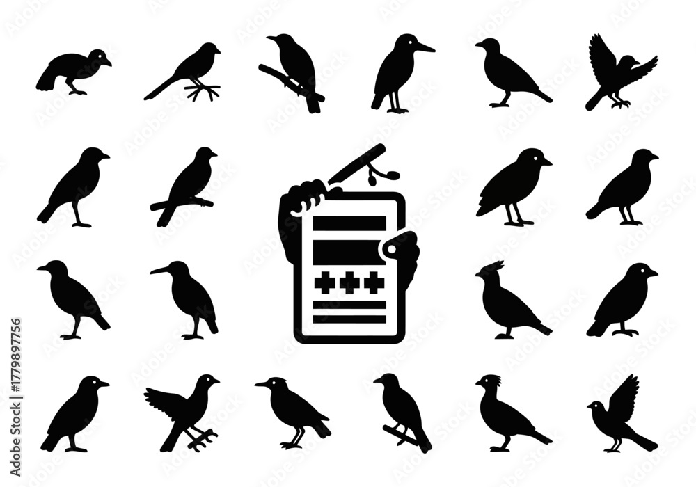 Naklejka premium Crow and raven silhouette icon collection with a data checklist for bird counting. Vector graphic set for wildlife observation and ornithology projects