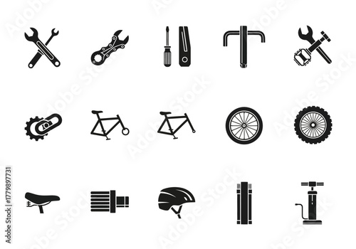 Vector icon set of bicycle parts and repair tools. A collection of black silhouette graphics for bike maintenance and service concepts 2j (785)