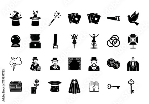 A collection of black silhouette glyph icons representing magic show equipment and illusionist performance elements on a white background