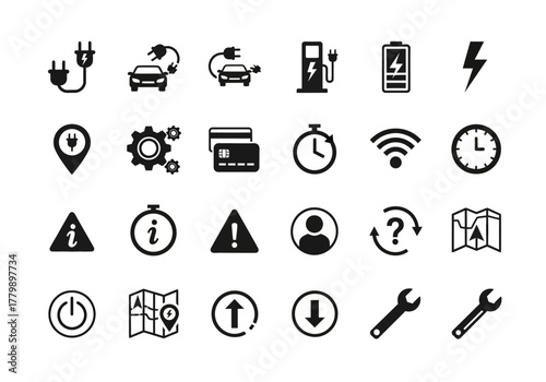 Comprehensive set of monochrome glyph icons for electric vehicle charging, navigation, and user interface design 2j (789)
