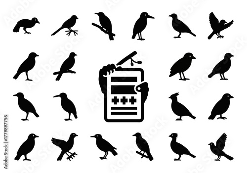 Crow and raven silhouette icon collection with a data checklist for bird counting. Vector graphic set for wildlife observation and ornithology projects