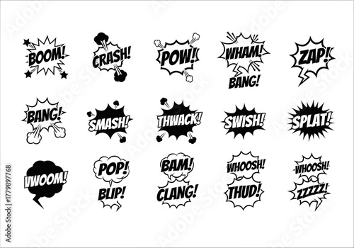Dynamic comic book action words and sound effects collection. A set of black isolated vector graphic elements