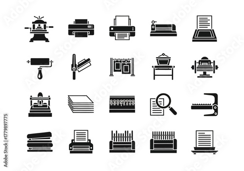 A collection of solid black icons representing various printing machines, publishing equipment, and printshop tools on a white background