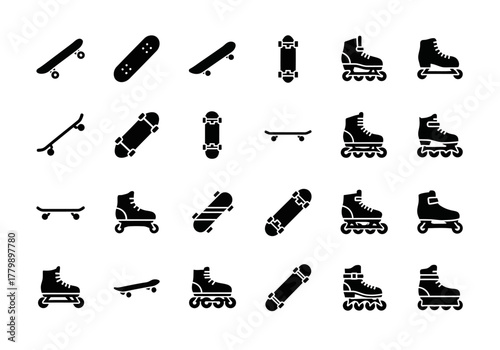 Set of black silhouette icons featuring skateboards and roller skates from various angles. Vector glyph collection for sports and recreation