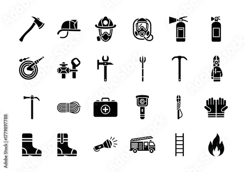 Firefighter and rescue equipment solid glyph icons. Fire department safety tools, emergency response gear, and protective symbols vector set