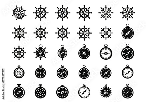 A comprehensive set of black silhouette icons featuring various designs of ship wheels and navigational compasses for maritime themes
