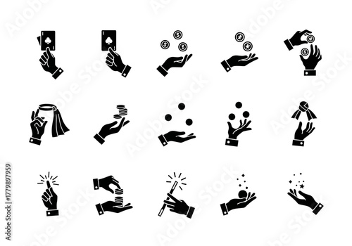 A collection of magician hand gestures and illusionist icons, showcasing sleight of hand with cards, coins, and wands, vector set 2j (846)