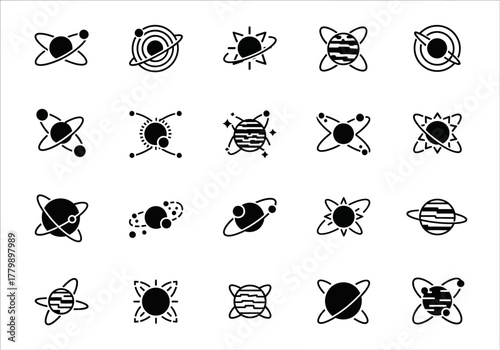 Set of black and white space icons featuring stylized planets, galaxies, and solar systems. Vector line art for astronomy and science concepts