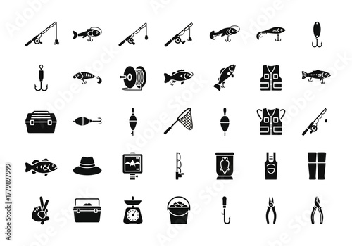 A versatile set of solid black glyph icons representing various fishing equipment, angling gear, and recreation accessories. Vector illustration