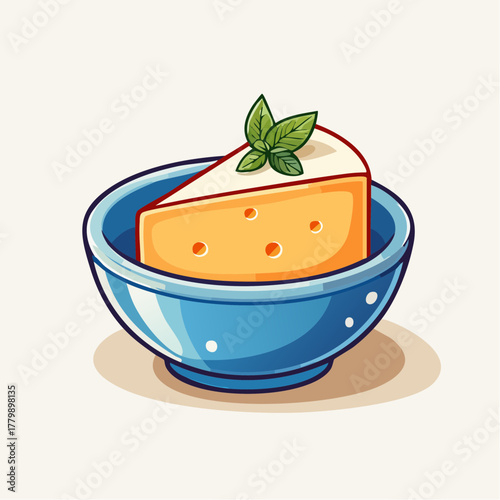 Slice of creamy cheesecake with green mint leaves on top served in a blue ceramic bowl with white polka dots against a light neutral background