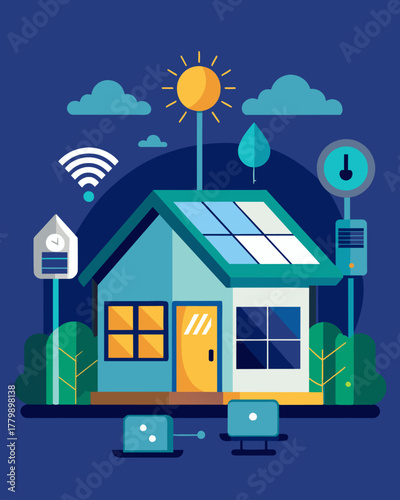 A futuristiclooking home with a solarpowered security system providing the latest in smart home technology and energy efficiency.. Vector illustration