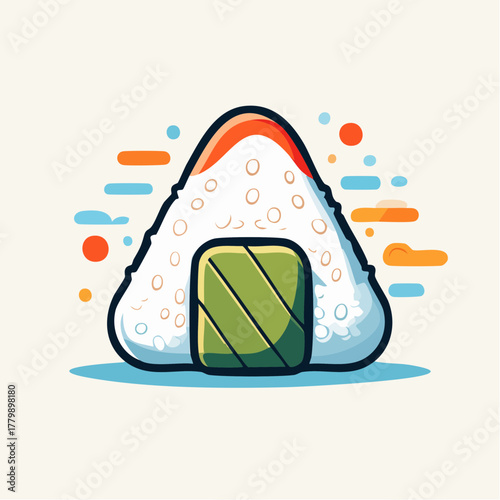 Triangular onigiri rice ball with green seaweed center and orange topping isolated on cream background with abstract colorful shapes
