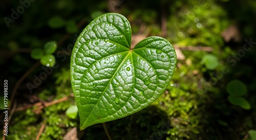 Close up of heart shaped green leaf with detailed texture and natural background