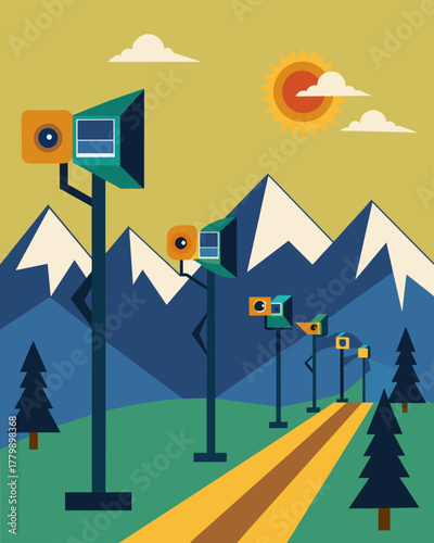 A group of solarpowered security cameras stationed at various strategic points along a hiking trail providing a sense of safety for outdoor enthusiasts.. Vector illustration