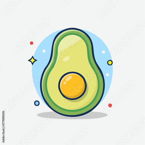 A Pixelated Avocado Halved With A Yellow Seed In The Center Isolated On A White Background With Subtle Sparkles And Light Blue Circle