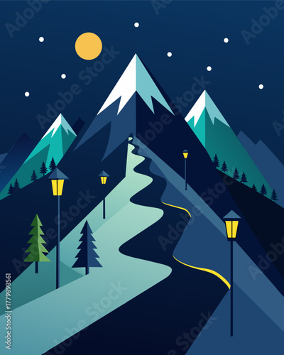 A double black diamond run is illuminated by solarpowered lights allowing for nighttime skiing in an environmentallyfriendly way.. Vector illustration