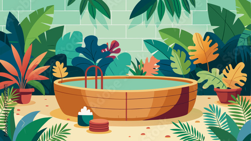 A bathroom with a wooden bathtub surrounded by a variety of tropical plants creating a spalike feel.