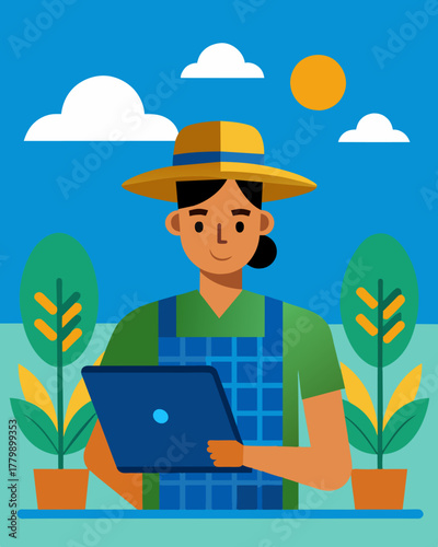 A farmer using their solarpowered laptop to manage and monitor their crops taking advantage of the sustainable energy source to power their device.. Vector illustration