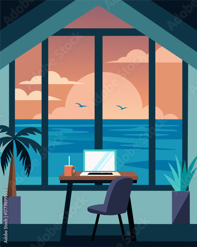 A comfortable work setup by the window of the bungalow offering a view of the tides coming in and going out.. Vector illustration