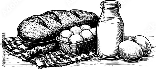 Vintage breakfast essentials: bread, eggs, and milk in engraved style for retro kitchen design