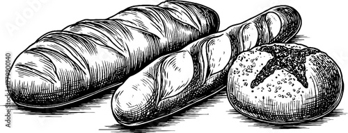 Hand drawn set of bread: loaf, baguette, rye bread for vintage bakery design