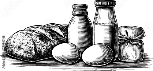 Vintage engraving of bread loaf with eggs and milk bottles for retro kitchen design