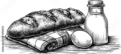 Vintage engraving style of bread loaf, egg, and milk bottle for retro design