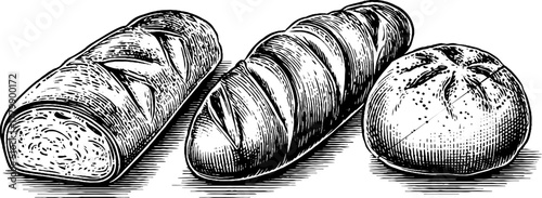 Variety of hand drawn bread loaves including baguette and rye for retro design