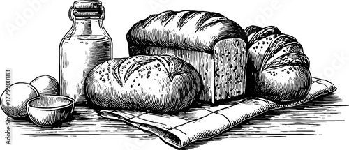 Vintage bread and breakfast essentials engraving style for kitchen decor or packaging design