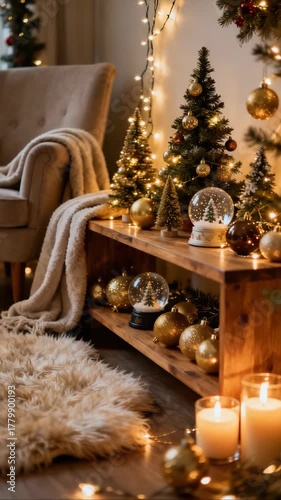 Cozy living room with festive holiday decor and warm christmas lights