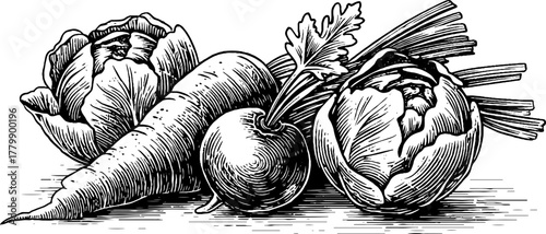 Vintage engraving style of carrot, beetroot, and cabbage for retro design