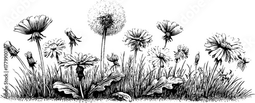 Vintage dandelion and clover border with grass and leaf motif for design