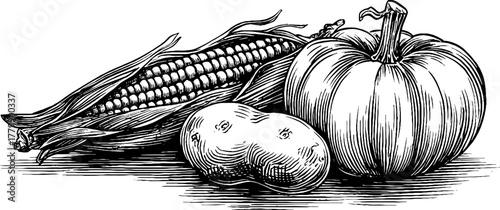 Rustic harvest composition featuring corn cob, pumpkin, and potato in vintage engraving style for seasonal design