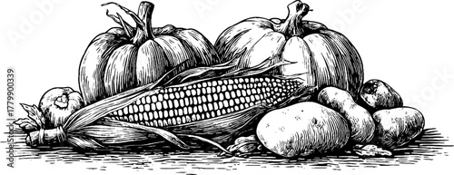 Vintage harvest illustration: corn, pumpkin, and potato in engraving style for autumn decor