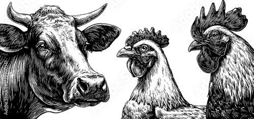 Vintage livestock collection: cow, sheep, rooster in hand-drawn engraving style for retro design