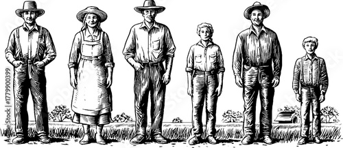 Vintage farming family ensemble: farmer, wife, and young helpers engraving for retro design