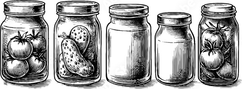 Vintage hand drawn jars of pickles and sauerkraut with preserved tomatoes for retro design