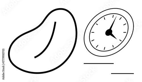 Simple bean outline paired with an analog clock showing time progression. Ideal for themes of productivity, growth, time management, balance, planning, efficiency, simple flat metaphor