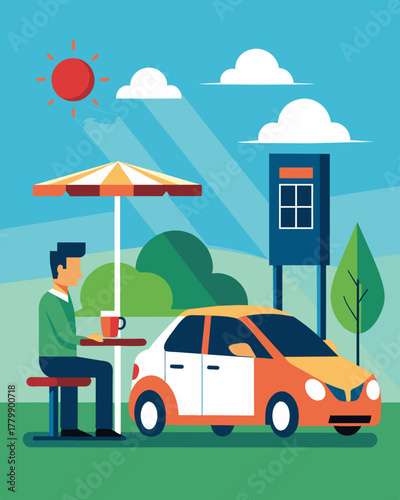 A driver pulls up to the solarpowered charging station intrigued by its futuristic design and eager to charge their electric car while enjoying a cup of coffee at the onsite cafe.. Vector illustration