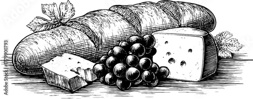 Vintage artisan bread with grapes and cheese - hand drawn engraving for culinary designs