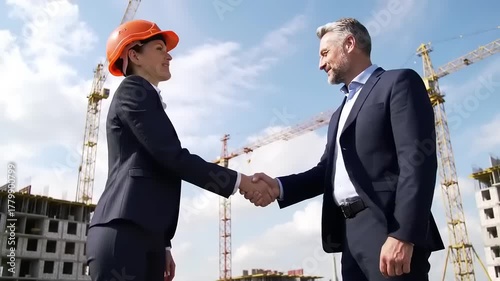 Construction workers handshake on site. (1)