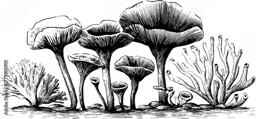 Vintage illustration of moss and fern sporangium with lichen structures