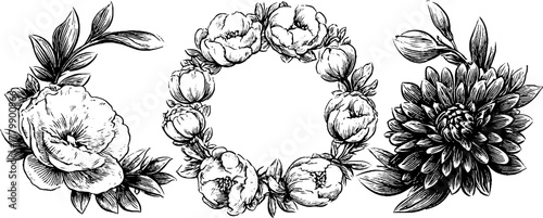 Vintage floral arrangement with peony wreath and dahlia cluster for decorative ornament design
