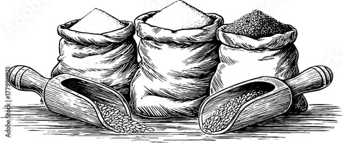 Vintage sketch of flour sacks and grain with wooden scoops for retro kitchen decor