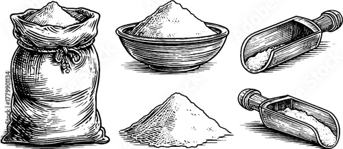 Vintage flour and grain set with wooden scoop and sack - hand drawn design for packaging and labels