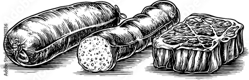 Vintage sketch of sausage ham and steak cuts for culinary design