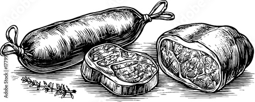 Vintage meat cuts sketch featuring sausage, ham, and steak for culinary design