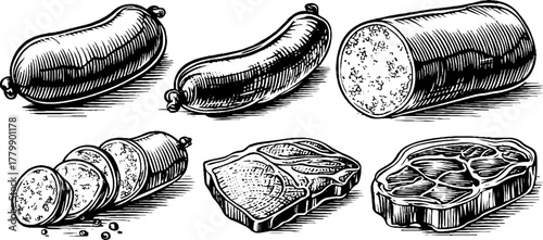 Vintage hand drawn set of sausage and ham cuts, perfect for culinary designs